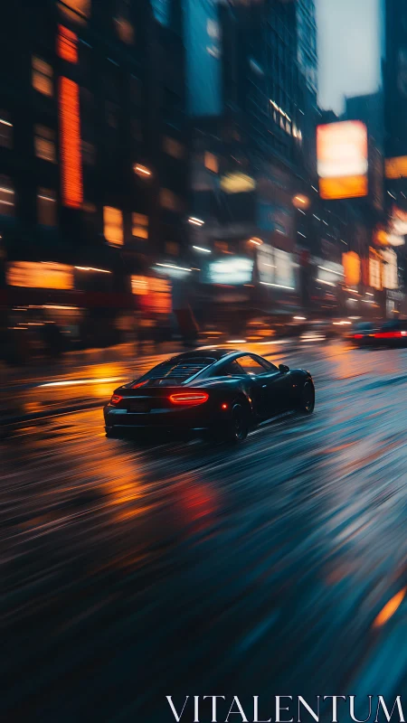 Sleek sports car accelerates through neon‑lit rainy avenue