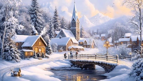 Snowlit village bridge and steeple under hush of winter dusk.