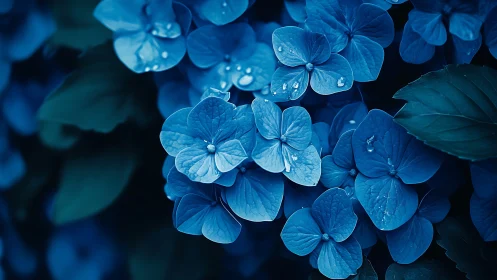 Delicate Blue Hydrangeas Glistening with Morning Dewdrops.
