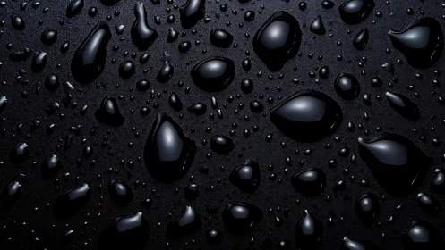 Black surface with glossy water droplets under side light.