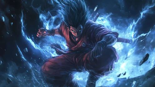 Energetic blue aura warrior crouched in high-impact charge