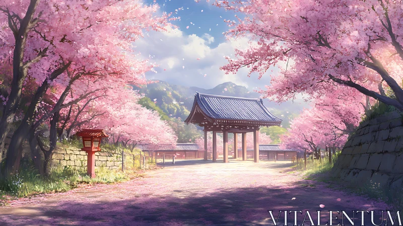 Springtime temple gate beneath luminous cherry blossoms.
