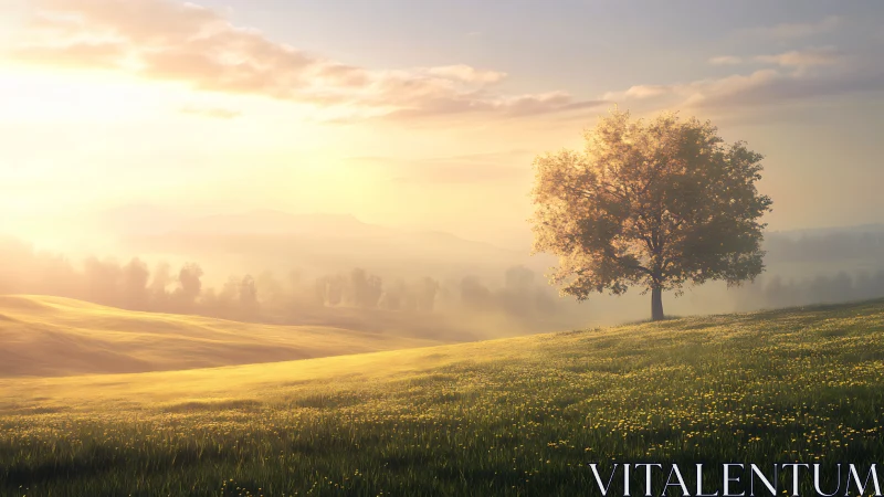 Solitary deciduous tree on sunlit meadow in golden morning mist