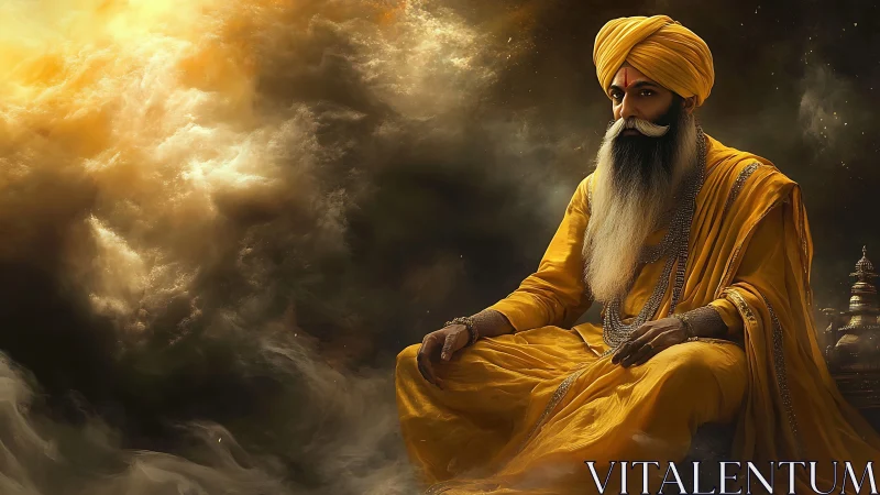 Regal turbaned elder seated in luminous golden clouds.