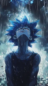 Blue haired anime boy stands in pouring rain, eyes closed.