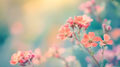 Coral Geraniums in Selective Focus. Soft Botanical Study.