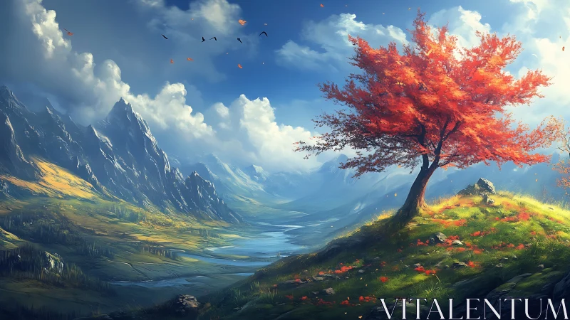 Scarlet hilltop tree blazing over misty river valleys.