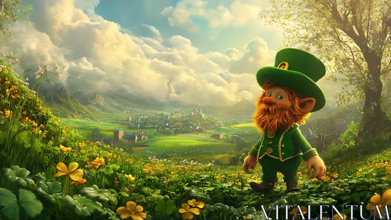 Cheerful leprechaun strolls through a sunlit clover valley
