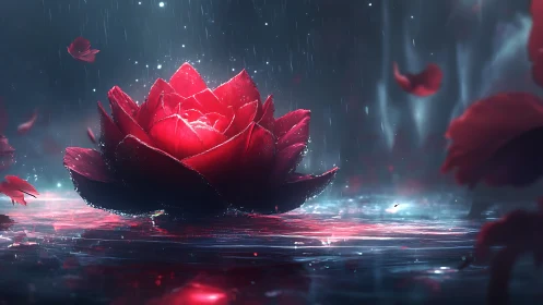 Red lotus on reflective water under soft rainfall.