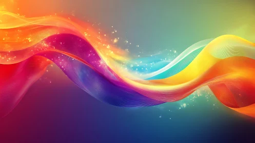 Spectral light waves form layered gradient ribbons with particle glows