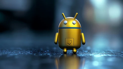 Gold robot figurine stands on reflective wet blue surface