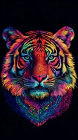 Neon spectral tiger portrait with multicolor symmetrical fur glow