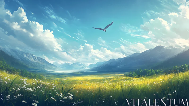 Soaring bird glides above sunlit valley and distant peaks