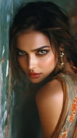 Gilded gaze against weathered wall, beauty in quiet revolt.