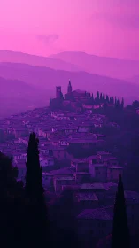Magenta haze over hillside village and distant mountains.