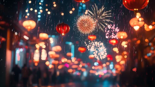 Urban street with lanterns and fireworks in rainfall at night.