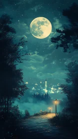 Moonlit misty valley path overlooking luminous distant town