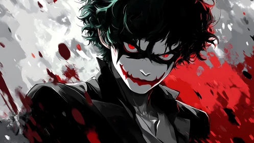 Male anime figure with mask-like makeup stares forward