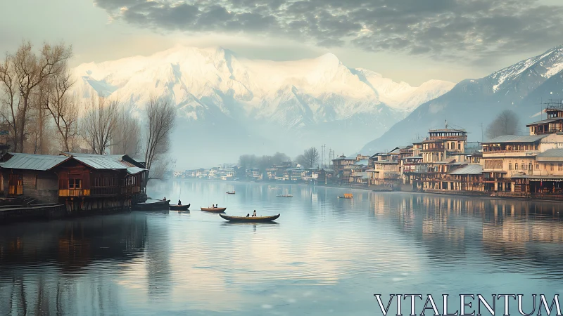 Snow-covered mountain river town with wooden waterfront houses.
