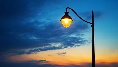 Streetlamp glow against vivid blue and amber sunset sky.