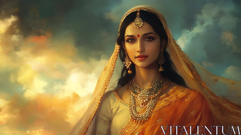 Elegant regal woman gazes calmly beneath luminous painted sky