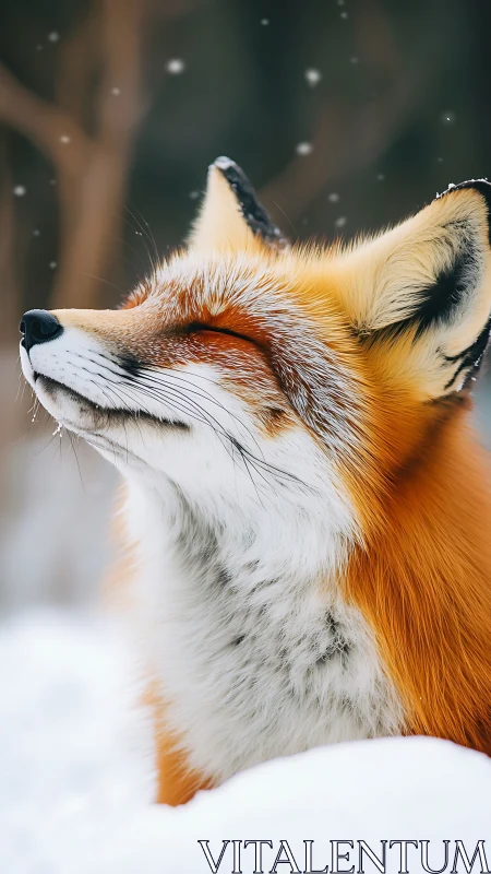 Red fox closes eyes, absorbs soft falling winter snow.