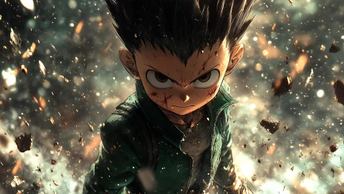 Storm-eyed young warrior strides through shattering debris