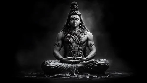 Monochrome meditative deity rendered in high-contrast chiaroscuro.