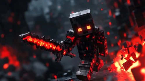 3D voxel warrior with molten sword in dynamic inferno scene.