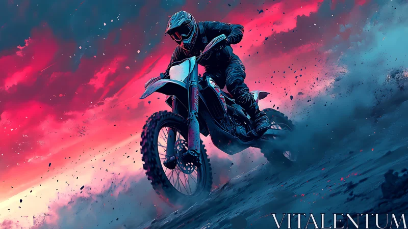 Nebula dirt rider carving starlit dust clouds at dusk.