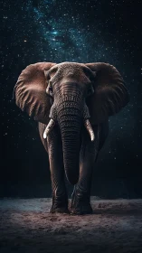 Starlit elephant strides through cosmic desert silence.