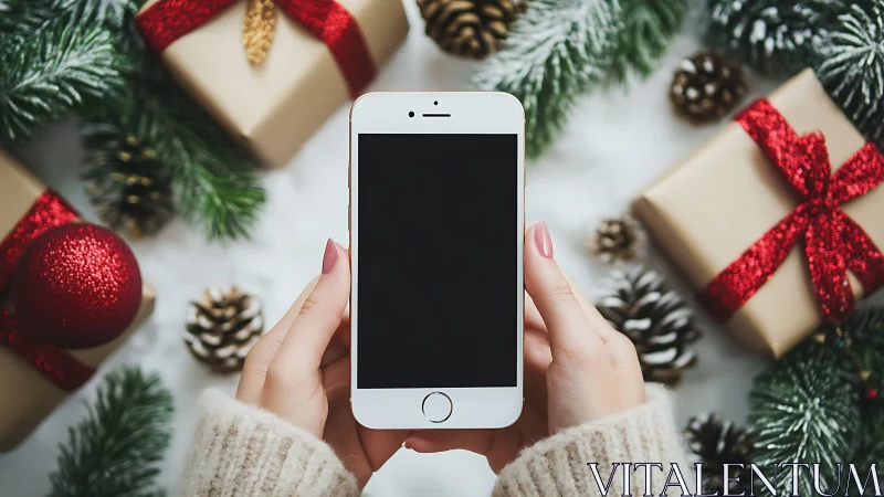 Festive phone pause amid glittering holiday gift forest.