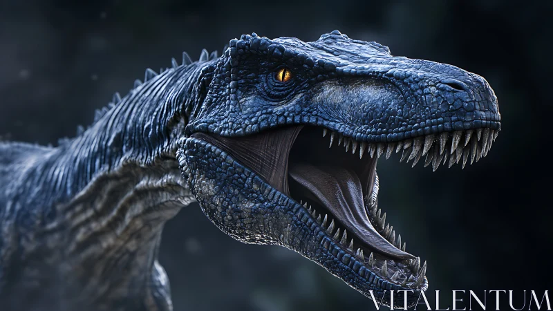 Hyperrealistic blue theropod dinosaur roar with detailed scales