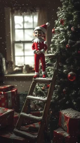 Tiny ladder elf pauses mid-mission beside the glowing tree