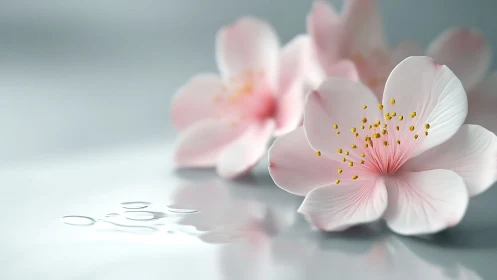 Pink and white blossoms with water droplets on neutral surface