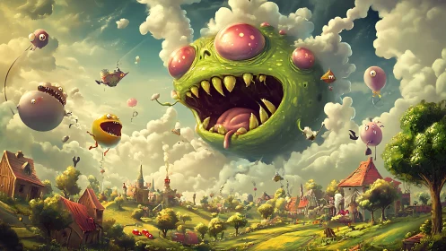 Floating cartoon monsters invade dreamy country village