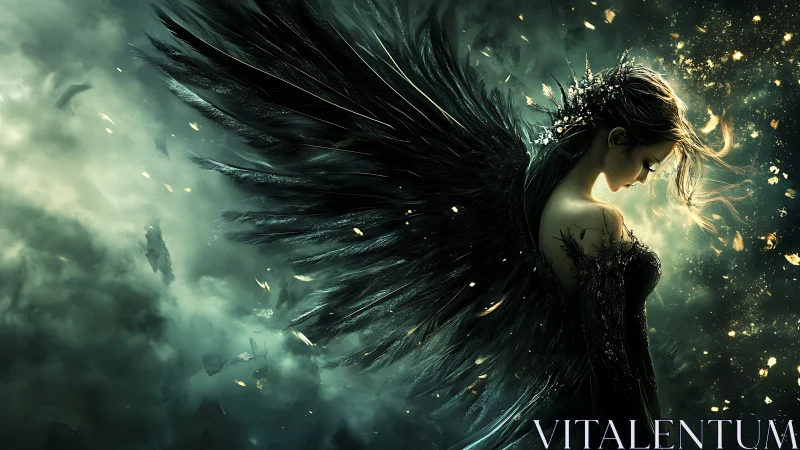 Winged dark angel rendered in high-detail fantasy atmosphere