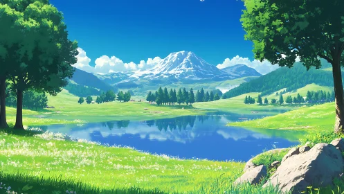 Snowcapped mountain reflects in tranquil spring valley lake