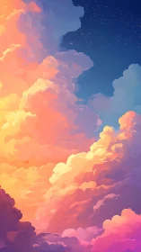 Dreamy dusk clouds glowing softly beneath starry skies.