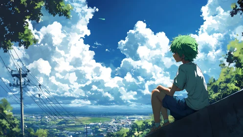 Atmospheric perspective study with seated figure and cumulus field.