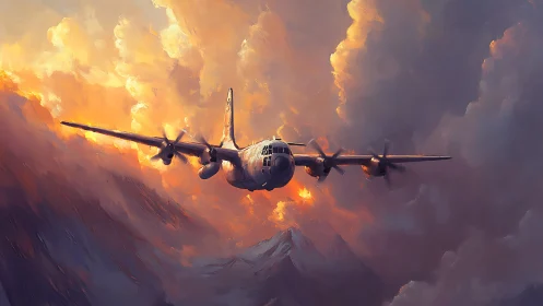 Stormlit cargo aircraft over alpine ridge, digital painting.