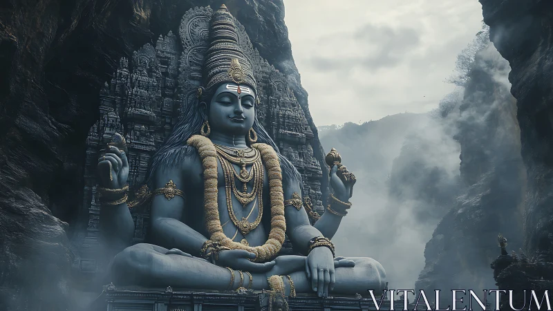 Colossal Shiva statue dominates misty mountain canyon