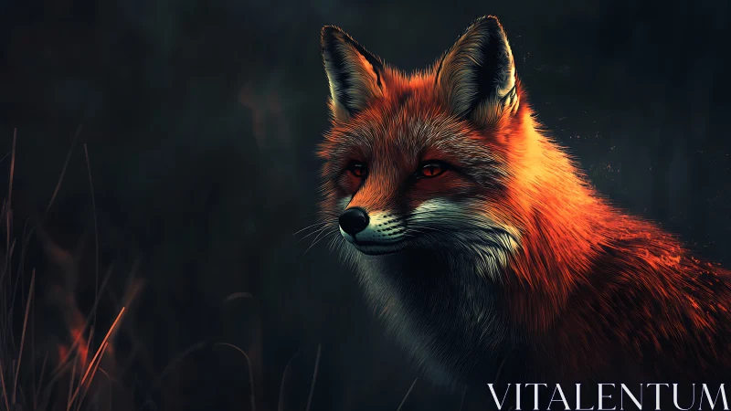 Vivid red fox stands in dramatic low light forest scene