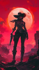 Backlit gunslinger silhouette under oversized red lunar eclipse
