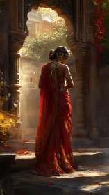 Sunlit woman in scarlet sari beneath ornate stone archway.