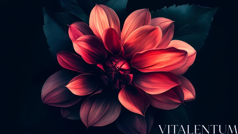 Red Dahlia Bloom Against Deep Teal Background with Dramatic Lighting.