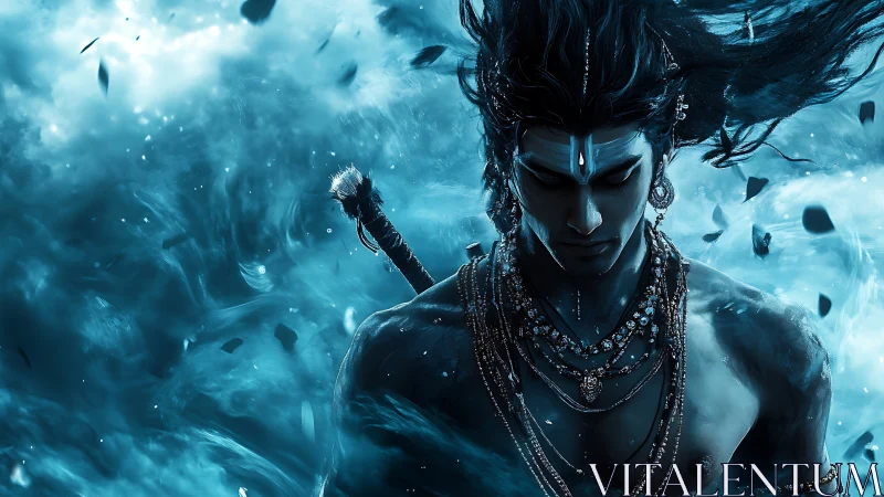 Divine warrior in stormy blue aura, cinematic close view.