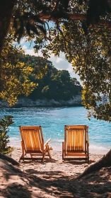 Peaceful Beach Escape with Turquoise Waters and Golden Chairs.