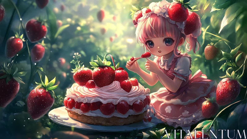 Strawberry fairy decorates cream cake in glowing garden
