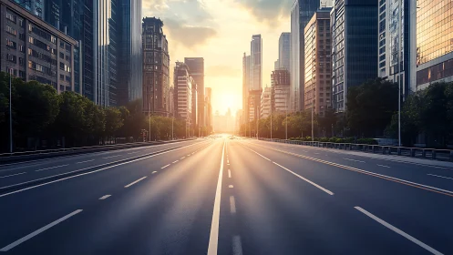 Empty multi-lane city avenue at sunrise between towers.